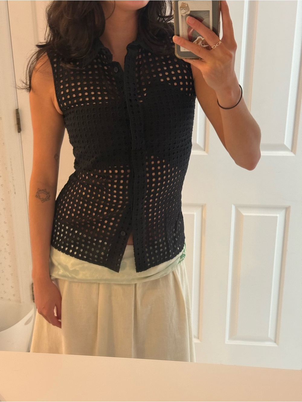 Victoria Beckham Jeans Open Knit Cotton Collared Top